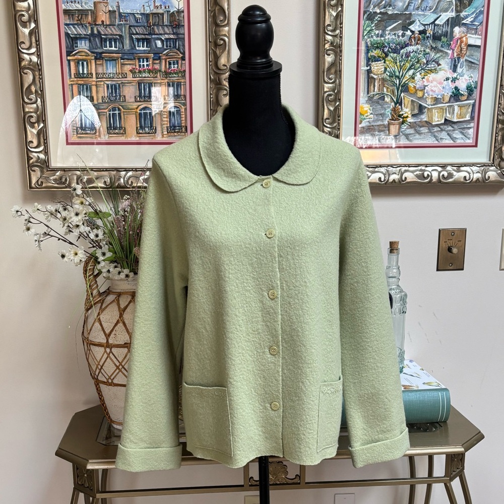 VINTAGE LAURA ASHLEY SOFT GREEN MERINO WOOL BUTTON DOWN CARDIGAN SWEATER SZ XL - Picture 6 of 6